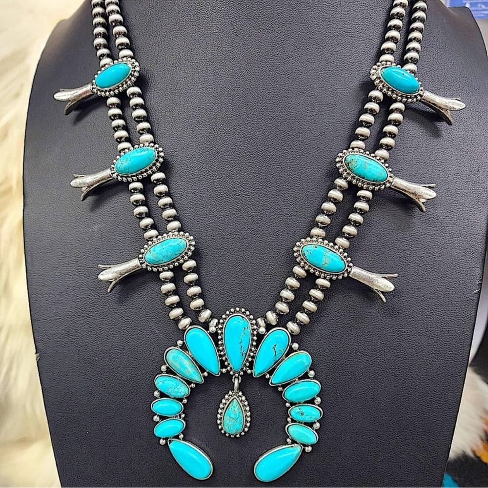 Boho Squash Blossom Turquoise Necklace, Navajo Necklace ,Squash Vintage